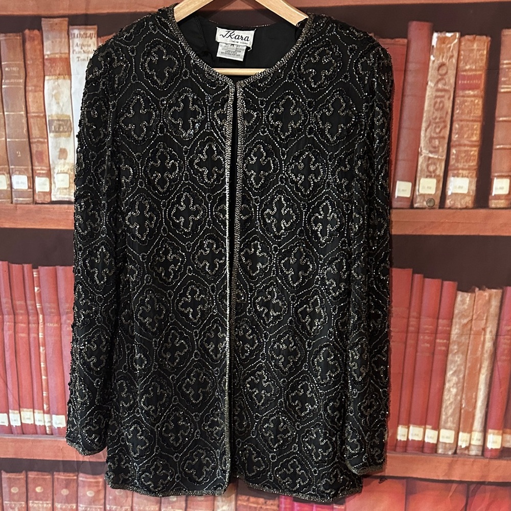 J Kara New York Beaded Sequin Silk Jacket Black Evening Formal Size M